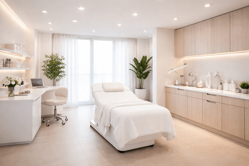 Centro de estética moderno con ambiente profesional y limpio que representa la rentabilidad y crecimiento del sector.