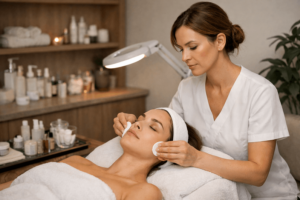 Profesional de estética atendiendo a una clienta en un centro moderno, representando estrategias para atraer más clientes y llenar la agenda del negocio.