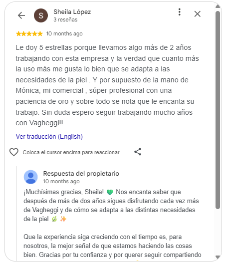 Reseñas de clientas en Google de un centro de estética con respuestas profesionales del negocio.