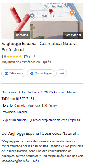 Ficha de un centro de estética en Google Maps con ubicación, dirección, horarios y descripción de los tratamientos.