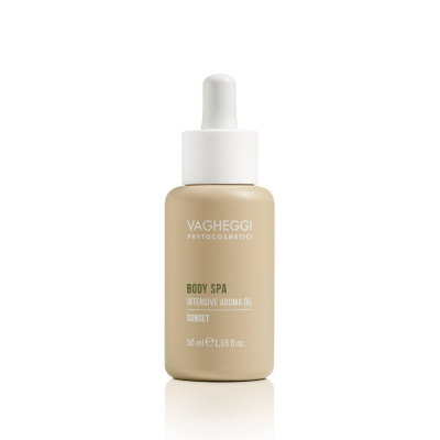 Aceite aromático intensivo Sunset de Vagheggi para masaje corporal revitalizante.