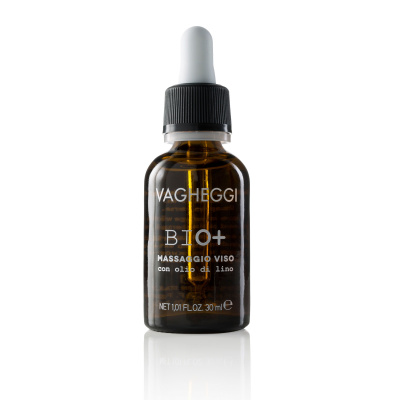 Aceite de masaje facial Bio+ de Vagheggi con aceite de linaza rico en omega-3.
