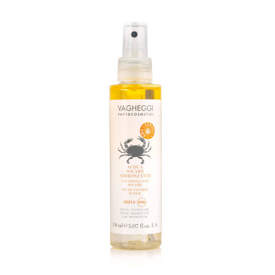 Agua solar bronceadora SPF10 de Vagheggi con textura ligera y sensación no pegajosa.